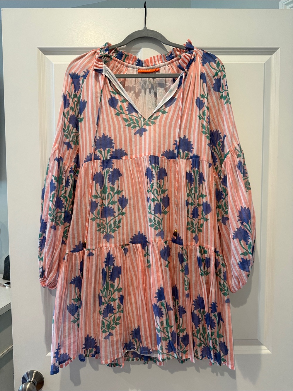 NEW Oliphant Pinky Peach Stripe Blue Floral Tiered Tunic Dress size S